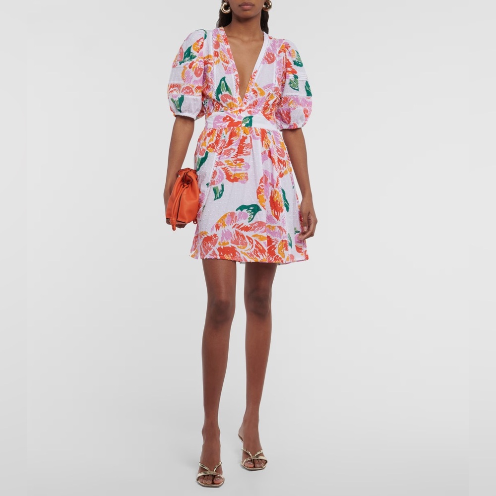 POUPETTE ST. BARTH Reina Mini Dress Puff Sleeves Plunging Neckline Vacation Fit